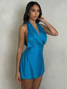 Glamine Women's Sleeveless Halter Backless Blue Mini Bodycon Party Dress Elastic Satin V-Neck Backless Party Mini Dress For Women Blue Party Dress New Year Women's Clothes Women Sexy Deap V Neck Mini Party Dress Bright Blue Dress Blue Silk Dress Blue Sexy Dress Blue Satin Dress - Blue - View 5