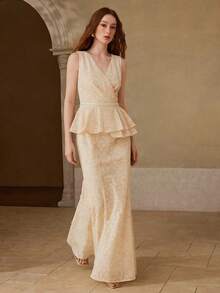 MOTF PREMIUM WOMEN'S ELEGANT ROMANTIC PEPLUM WAIST MAXI MERMAID DRESS, SPRING/SUMMER - Light Yellow - View 4