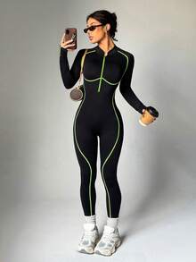 Dewbera Seamless High Elasticity Fitness Jumpsuit, Long Sleeve & Long Pants With Zipper - Black - View 3