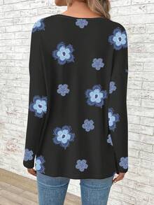 EMERY ROSE Plus Size Women Floral Print V-Neck Long Sleeve Loose T-Shirt Spring - Multicolor - View 2