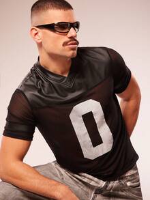 FeverCity Sexy Mesh Sheer V-Neck Faux Leather Crop Top, See-Through Short Sleeve T-Shirt - Black - View 4