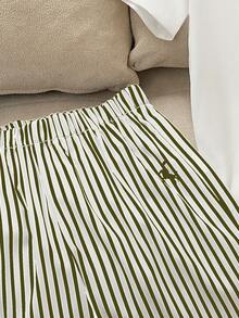 2pcs/Set Tween Girls Summer Casual Outfit,White T-Shirt Top & Green And White Striped Straight Pants - Multicolor - View 5