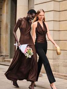 Lumivelle Women's Brown And Gold Halter Neck Draped Top,Backless Slim Fit Camisole,Elegant Summer Date Night Party Top,Minimalist Sleeveless Valentine's Day - Brown - View 4
