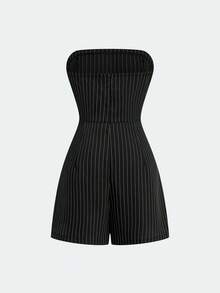 Sweetra 两件套加大码女式复古休闲学院风套装：条纹长袖西装外套、常规外套、条纹夹克、休闲外套、职业装外套和无袖连体裤，适合春季、秋季及所有季节穿着。 - 彩色 - 查看 5