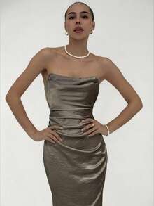 Aloruh 女士派对褶皱胸腰抹胸连衣裙 - 金色 - 查看 1