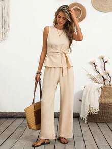 Breezaya 女士休闲时尚百搭系带圆领无袖上衣搭配宽松舒适长裤两件套，适合居家、度假、通勤、办公等场合。 - 杏色 - 查看 7