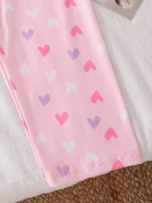 Young Girls Pink Heart Pattern Lapel Cardigan Short Sleeve Pajama Set - Pink - View 7