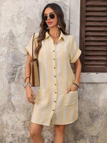 EMERY ROSE 女士条纹蝙蝠袖单排扣休闲口袋衬衫中长连衣裙 - 黃色 - 查看 3