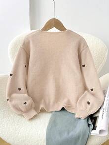 SHEIN Frenchy Plus Size Casual Heart Embroidery Front Tie Cardigan, Autumn/Winter - Apricot - View 2
