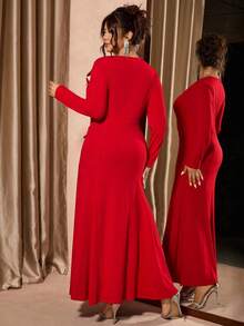 Cravure 大码女式花卉装饰优雅端庄正式连衣裙，中国风红色连衣裙，浪漫连衣裙，情人节连衣裙，情人节红色连衣裙，情人节女装，优雅女式连衣裙，情人节服装，大码情人节服装，情人节连衣裙，情人节红色连衣裙，优雅女式红色连衣裙，女士教堂连衣裙，长袖 - 紅色 - 查看 2