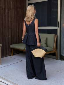 DAZY Women's Round Neck Sleeveless Ruffle Hem Denim Top And Loose Straight Leg Jeans Casual Suit - Dark Grey - View 3