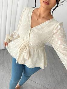 Elenzga Plus Size Elegant Commuter Solid Color Cutout Blouse - Apricot - View 7