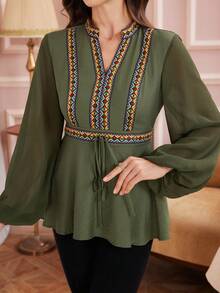 Rafferiza Women's Color Block Ribbon Patchwork Military Green Shirt, Chiffon Sleeve Patchwork, Elegant For Middle Eastern Festivals And Commuting - Army Green - View 6
