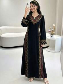 Floral Teen Girl Jalabiya, Elegant Vintage Floral Embroidered,Teen Girls Casual Minimalist Traditional Long Sleeve Arabic Dress Suitable For Spring/Summer, Elegant Modest Long Sleeve Dress, Prayer Abaya, Easy Comfort, Casual Wear, Vacay Vibes, Modest Kaftan, Teen Girl Jalabiya, Teen Girls Jalabiya - Multicolor - View 3