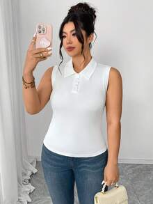Elenzga Plus Size Women White Ribbed Knit Camisole,High Stretch Sleeveless Top,Half-Open Collar Pearl Button Splice,Elegant Fashionable Summer Casual Teacher - White - View 4