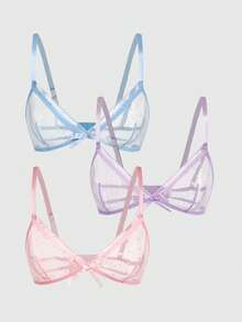 ROMWE Kawaii Set de 3 piezas: Sujetador de triángulo transparente con decoración de moño en contraste de color y tela jacquard de malla rústica dulce - Multicolor - Ver 1