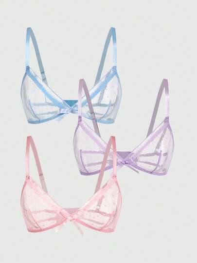 ROMWE Kawaii 3pcs Set: Sweet Rustic Mesh Jacquard Fabric Contrast Color Patchwork Bow Decor Sheer Triangle Cup Bralette Lingerie Set