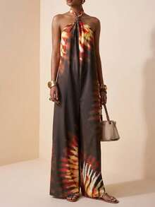 Zivah 2026 Summer New Music Festival Easter Mother's Day Wedding Season Attend Wedding Attend Birthday Daily Casual Vacation Cruise Travel Beach Sunbathing Viral Elegant Casual Halter Tie-Back Sexy Open Back Twist Loose Wide Leg Printed Jumpsuit For Women - Green - View 1