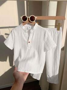 SHEIN 男童纯色短袖纽扣衬衫和裤子休闲套装 - 白色 - 查看 4