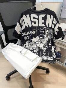 SHEIN 两件套男童舒适宽松圆领印花T恤搭配撞色滚边工装短裤，适合夏季休闲、运动、度假、派对、上学、时尚街头风格。 - 黑色 - 查看 4