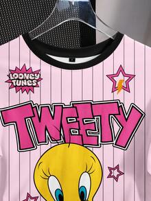 LOONEY TUNES X SHEIN Women's Casual Striped Cartoon Pattern Round Neck Short Sleeve T-Shirt, Summer - White - View 5