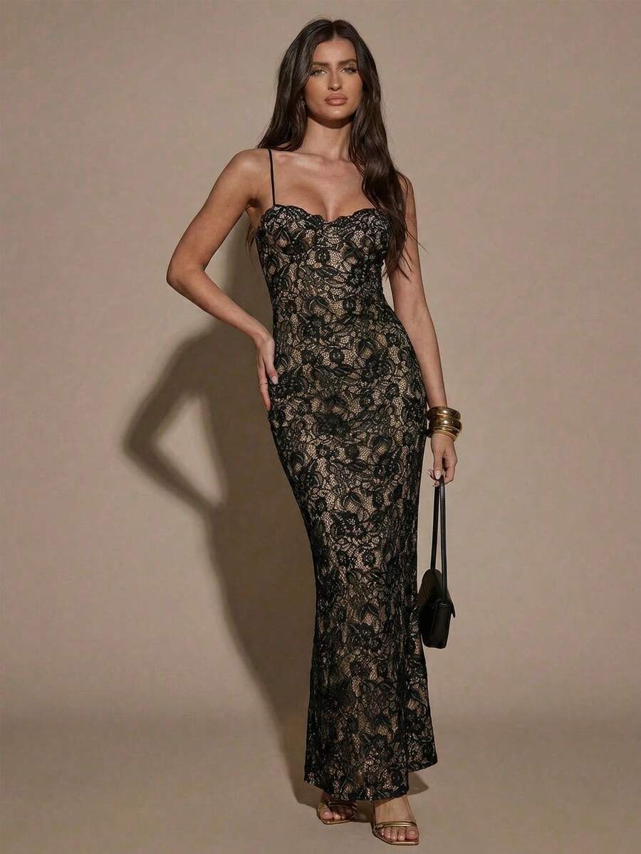 SHEIN BAE Schwarzes Spitzenkleid mit Spaghettiträgern, schlanke Passform, elegantes minimalistisches Design, geeignet für Cocktailpartys, romantische Dates, Zusammenkünfte, Brautjungfernkleider, Abendausgänge, Halloween, Weihnachten, Neujahr, Valentinstag, Sommer, Teegesellschaften - Schwarz - Übersicht 1