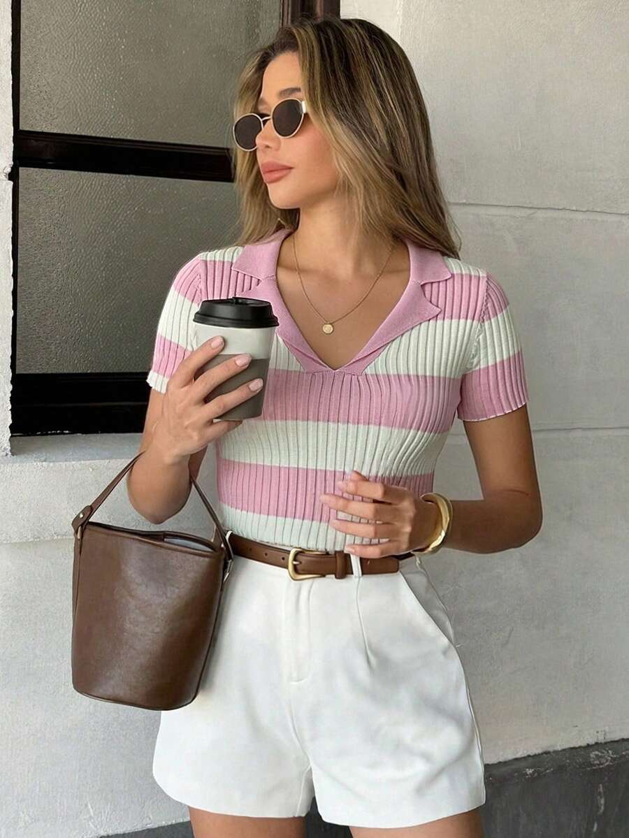 Pariaura Contrast Stripe Polo Collar Knit Top, French Street Style, Short Sleeve Summer Blouse - Pink - View 1