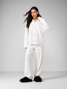 MISSGUIDED 女士睡衣套装，长袖纽扣上衣搭配同色长裤，粉色蝴蝶结印花家居服套装，舒适居家睡衣 - 粉色 - 查看 4