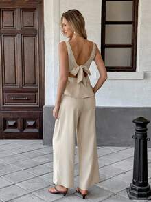 SHEIN Unity 2pcs/Set French Elegant Summer Beige Linen Two Piece Set,Backless Bow Tie Strap Camisole & Wide Leg Pants,Commuter Vacation Holiday Outfit For Women - Apricot - View 1