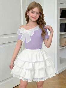 SHEIN Áo thun ngắn tay ôm dáng thanh lịch dành cho bé gái tuổi teen, trang trí nơ xinh xắn, kiểu dáng nữ tính. - Màu tím hoa cà - Xem 1