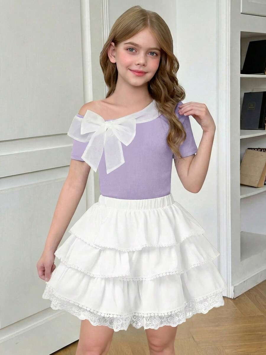 SHEIN Áo thun ngắn tay ôm dáng thanh lịch dành cho bé gái tuổi teen, trang trí nơ xinh xắn, kiểu dáng nữ tính. - Màu tím hoa cà - Xem 1