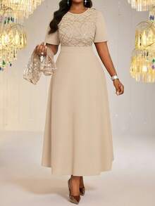 Fleurora Spring And Summer Autumn And Winter Elegant Modest Party Commuting Wedding Valentine's Day Cocktail Party Office Concert/Music Festival Khaki Knitted Sequins Scoop Neck Flared Contrast Sequin Midi Three Quarter Length Sleeve Plus Size Co-Ords Plus Size Elegant Minimalist Round Neck Short Sleeve Casual Waist Tie Dress With Cover Up 2-Piece Set Women's Summer Set Birthday Outfits For Women - Khaki - View 2