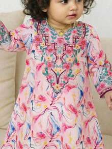 女童极简印花长袖连衣裙 - 粉色 - 查看 4