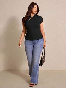 Elaquor 大码女式纯色立领金属纽扣休闲度假日常短袖T恤，罗纹针织T恤，大码短袖上衣，纯色上衣，春季女式上衣 - 黑色 - 查看 4