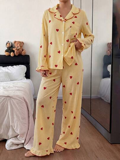 Dream Adore Heart Striped Frill Trim Lapel Cardigan Pajama Set