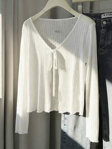 INAWLY Women's White Lightweight Cover Up Thin Shawl Collar Cover Up Long Sleeve Top - White - View 6