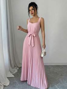 Elenzga 女士优雅褶皱吊带连衣裙 - 粉色 - 查看 3