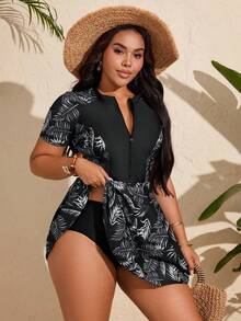 Swim Mulvari Plus Size Women Leaf Print Zipper Modest Tankini Swimwear Set - Black and White - View 1