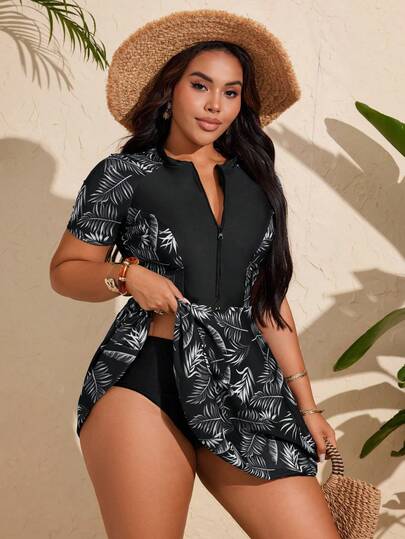 Swim Mulvari 大码女式树叶印花拉链式保守款吊带泳衣套装