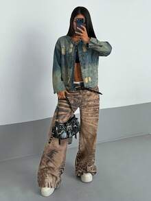 StreetHx 女士休闲时尚街头风日常通勤做旧搭扣细节牛仔夹克，春秋季 - 藍色 - 查看 7