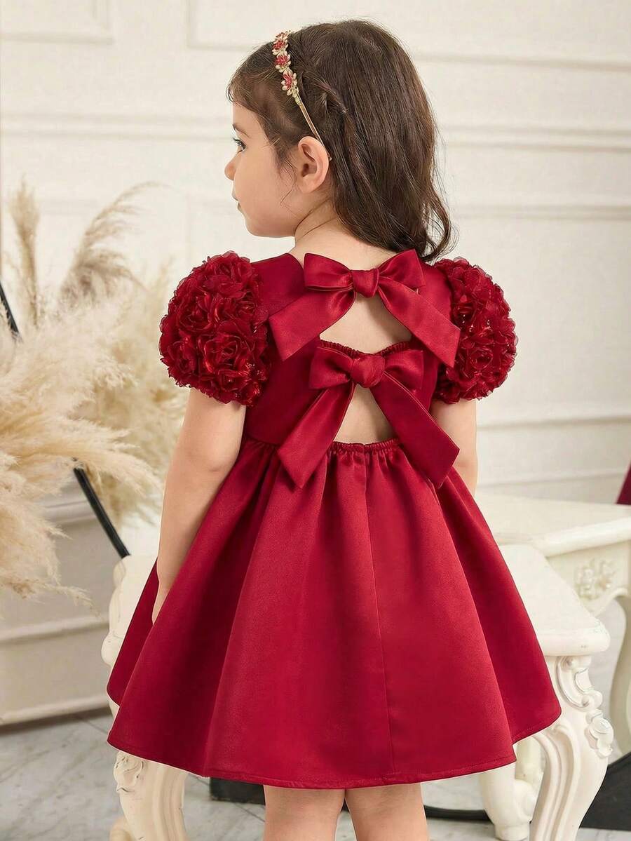 SHEIN Babygirl Cute & Elegant Red Floral Mesh Short Sleeve Dress - Multicolor - View 1
