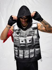 Manfinity NXTstreet 男士数码印花宽松无袖连帽背心 - 黑色 - 查看 5