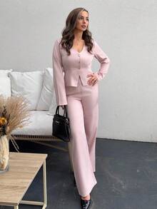 Jeta Ari Women's Elegant Long Sleeve Blazer And Pants Suit Set, Business/Commuter Style, Suitable For Summer, Independence Day, Graduation, Back To School - Pink - View 6