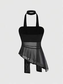 ROMWE Avant Spring/Summer Sexy Asymmetric Sheer Bandeau Top For Women - Black - View 2