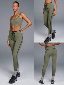 Menodora SHEIN Sport 女士抽绳腰带休闲百搭日常穿着打底裤 - 墨綠色 - 查看 7