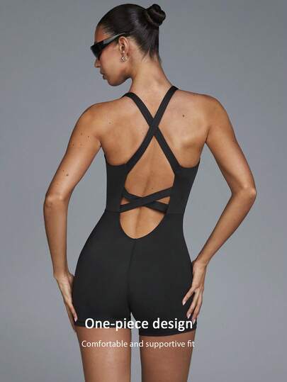 Fluxe Women's Activewear Romper – Sleek One-Piece Bodysuit With A Flattering Scoop Neckline, Supportive Wide Shoulder Straps, Stylish Criss-Cross Open Back Design, High-Stretch And Soft Fabric For Comfort And Freedom Of Movement, Breathable And Moisture-Wicking Material, Figure-Contouring Seam Details, Secure Fit For Yoga, Pilates, Dance, Or Everyday Athleisure Style