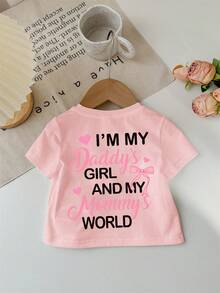 母亲节，英文标语心形蝴蝶结设计，“我是妈妈的世界”，女婴休闲白色舒适短袖圆领上衣，适合夏季穿着 - 淺粉色 - 查看 3