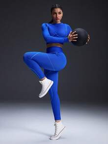 Powerista 女士高腰撞色滚边塑身健身训练紧身裤 - 寶藍色 - 查看 5