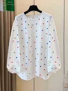 GlowEve Women's Casual Heart Print Round Neck Long Sleeve Loose Shirt, Suitable For Daily Wear - White - View 4