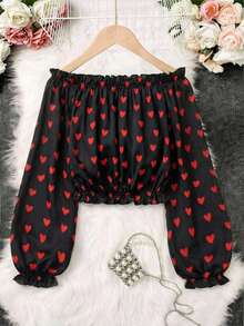 GlowEve Áo kiểu nữ thời trang và quyến rũ in hình trái tim, tay phồng, trễ vai, chất liệu chiffon. - Đỏ và đen - Xem 4